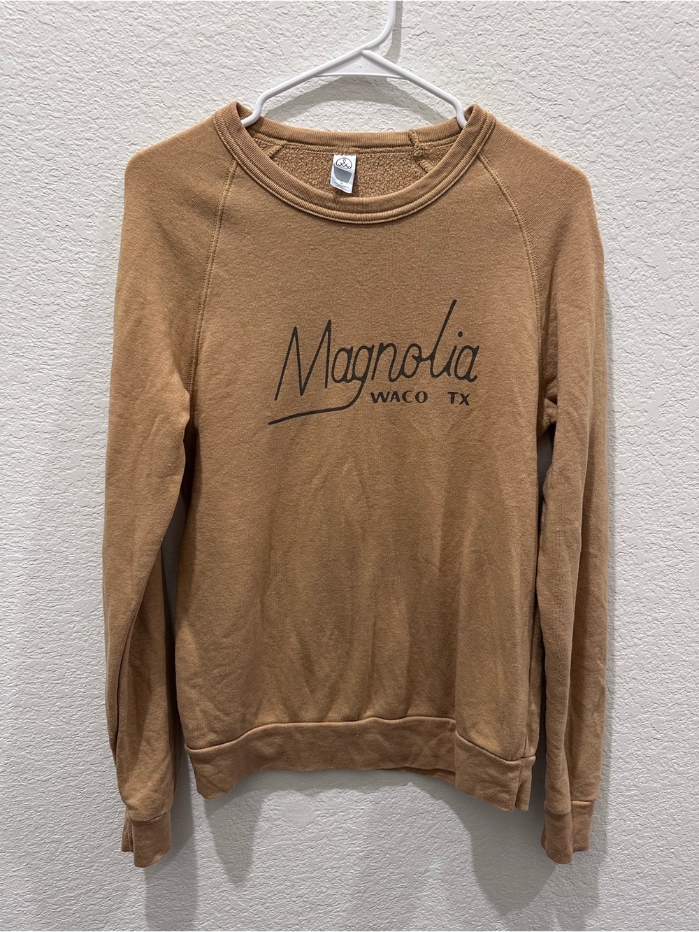 Magnolia Waco TX Crewneck Sweater in camel brown with Black Script